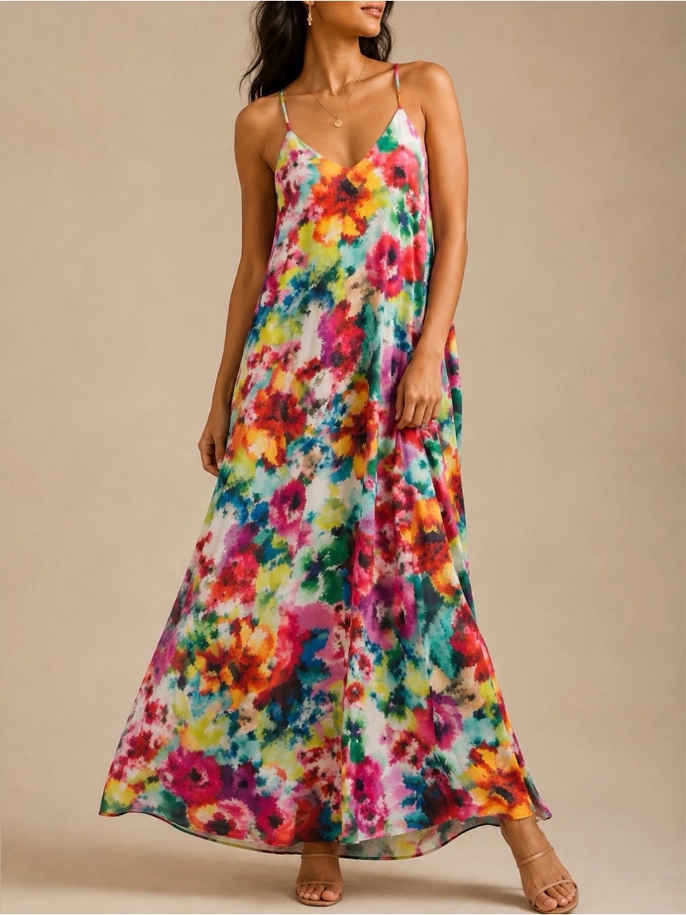Nicole Miller Rainbow Floral Watercolor Maxi Slip Dress Size XS